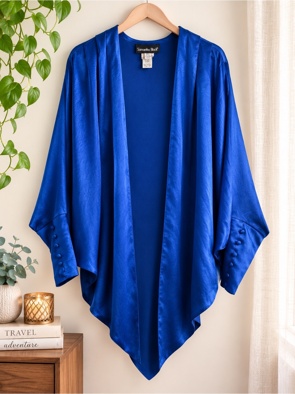 💙Vintage Samantha Black Royal Blue Silky Kimono Jacket Women’s Size 10